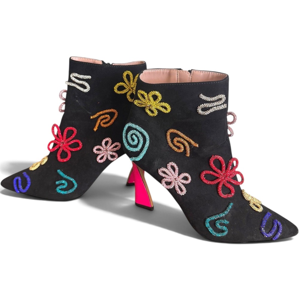 BETSEY JOHNSON | Sylvia Doodle Boots Womens 9 Black Rhinestone Heeled Booties